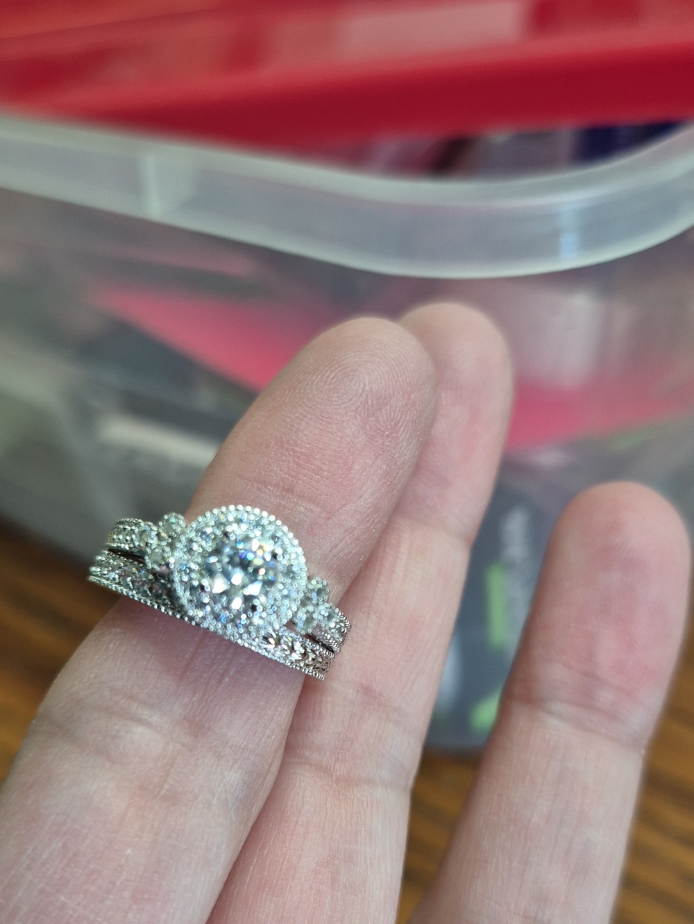 Sterling Silver White Halo Engagement Ring with Matching Band,.925, Moissanite - Picture 2 of 2